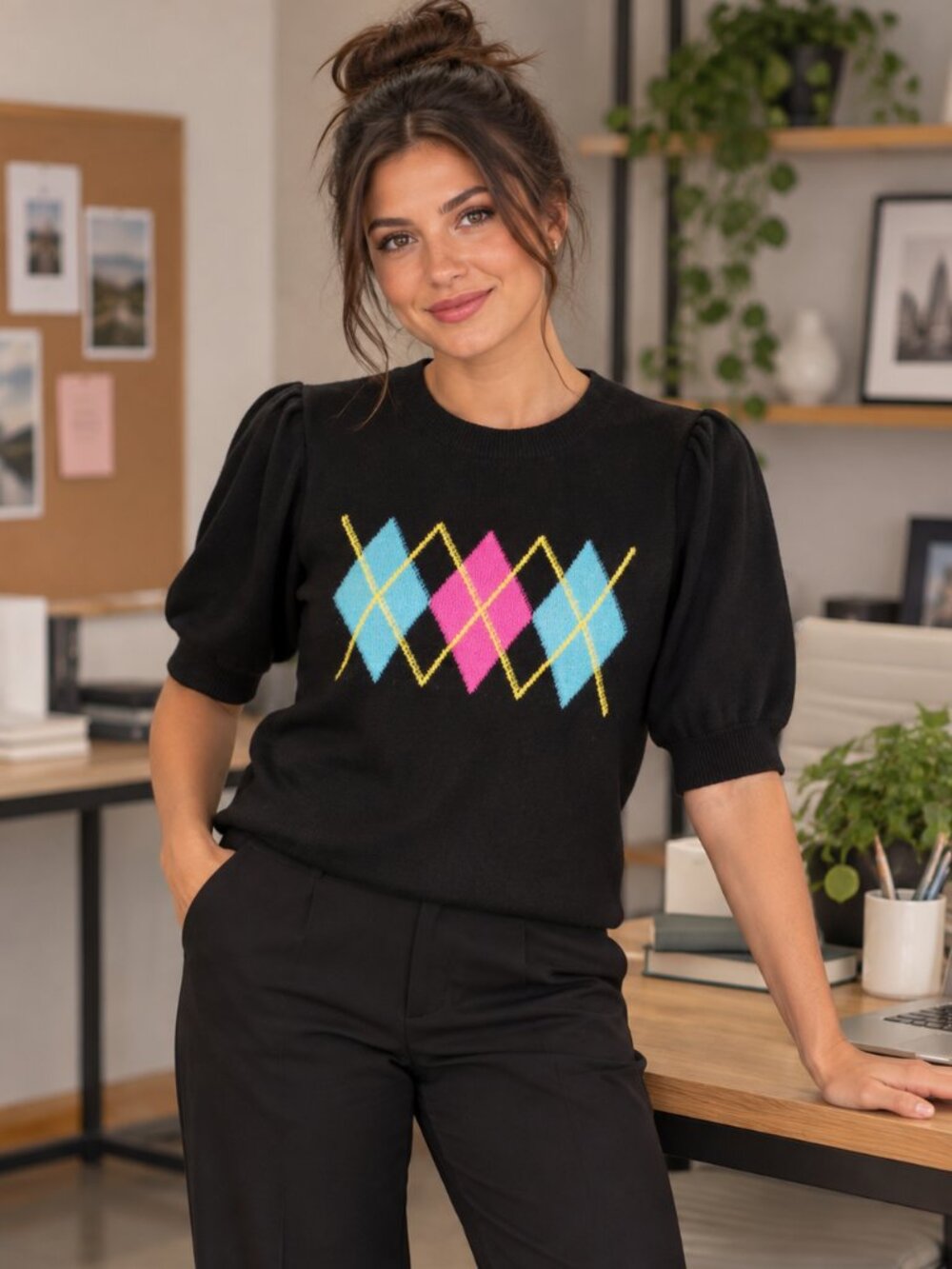 New York and Company Black w pink and blue Argyle Sweater - XL - BRAND NEW